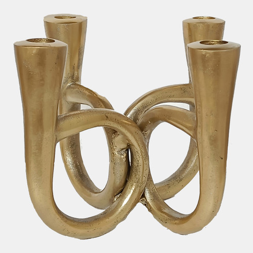 18209#Metal, 7" French Horn 4-taper Candleholder, Gold