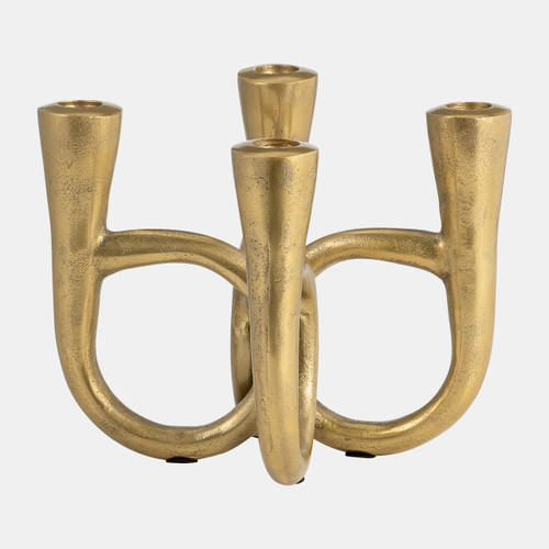 18209#Metal, 7" French Horn 4-taper Candleholder, Gold