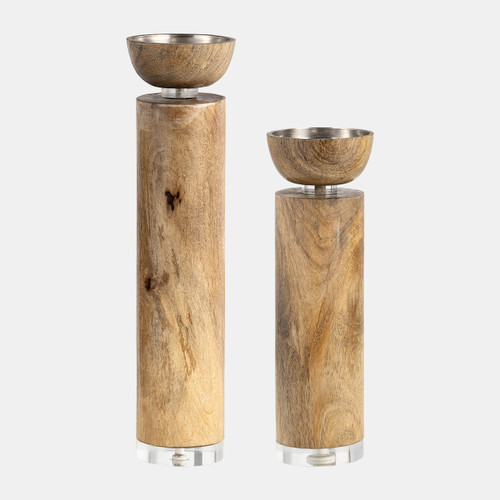 18212-02#Wood, 14" Acrylic Detail Taper Candleholder, Natur