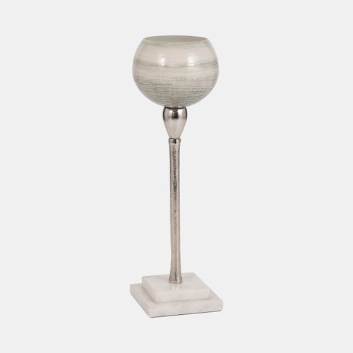 18220-01#Glass, 15" Votive Holder W Marble Stand, Sage/silv