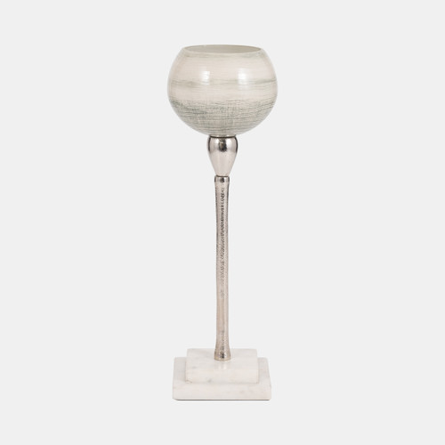 18220-01#Glass, 15" Votive Holder W Marble Stand, Sage/silv