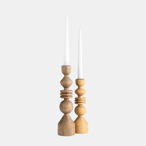 18193-02#Wood, 12" Stacking Shapes Taper Candleholder, Natu