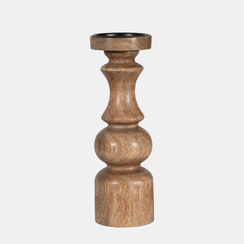 18217-02#Wood, 12" Traditional Pillar Candleholder, Natural