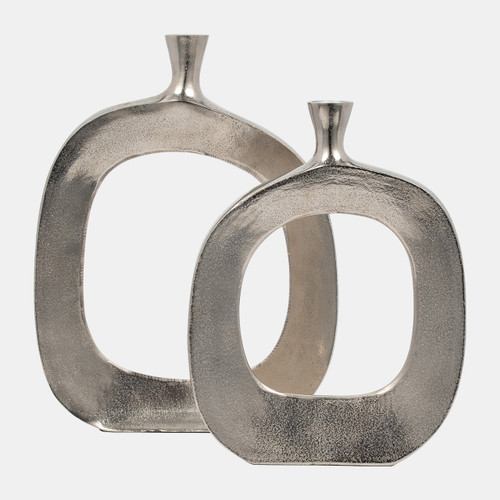 18250-01#Metal, 16" Short Open Cut Out Vase, Silver