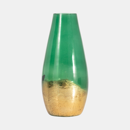 18267-01#Glass, 11" Gold Dipped Vase, Green