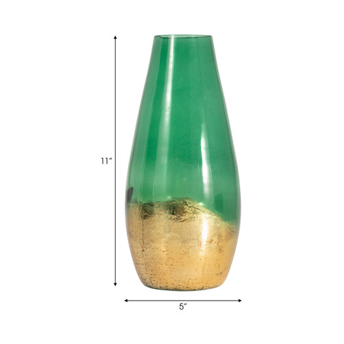 18267-01#Glass, 11" Gold Dipped Vase, Green