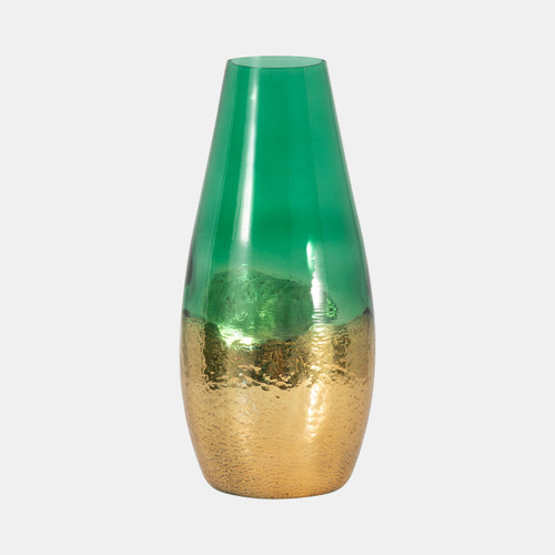 18267-02#Glass, 15" Gold Dipped Vase, Green