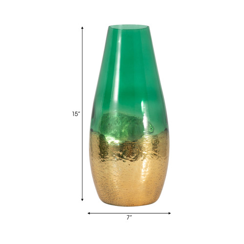 18267-02#Glass, 15" Gold Dipped Vase, Green