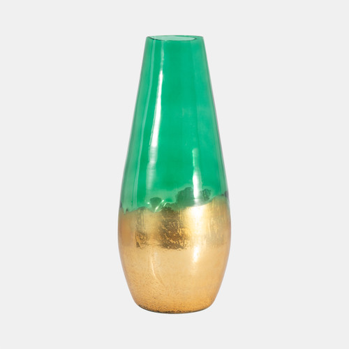 18267-03#Glass, 19" Gold Dipped Vase, Green