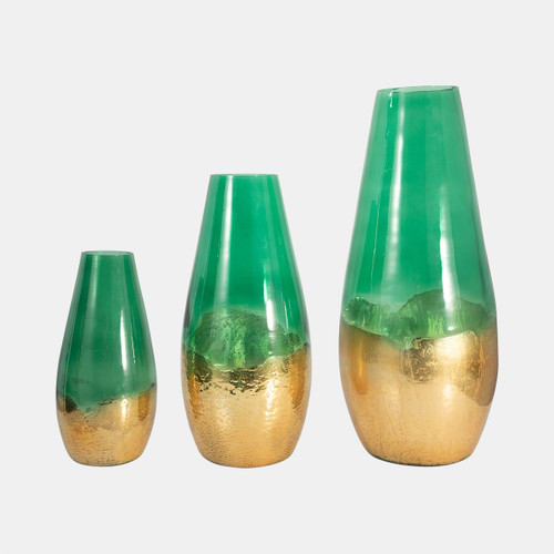 18267-03#Glass, 19" Gold Dipped Vase, Green