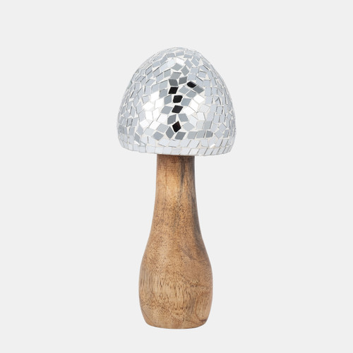 18277-02#Wood, 8" Mosaic Mushroom, Silver