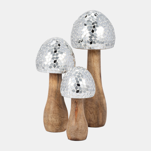 18277-02#Wood, 8" Mosaic Mushroom, Silver