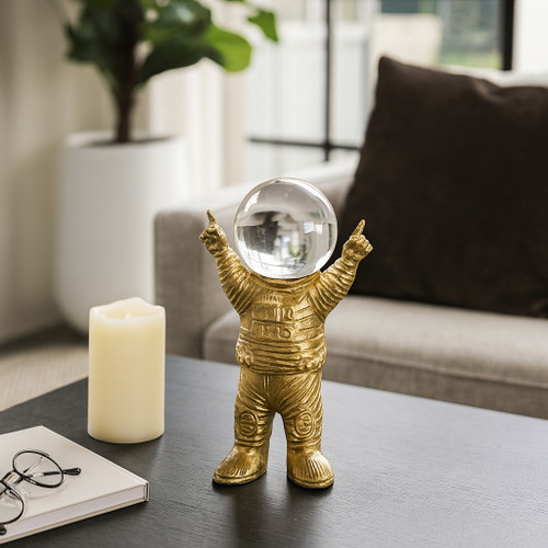 18303#Metal, 9" Astronaut W Crystal Orb Head, Gold/clea