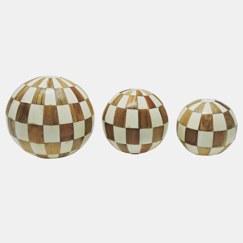 18282-01#Resin, S/3 4/5/6" Checkered Orbs, Ivory/natural