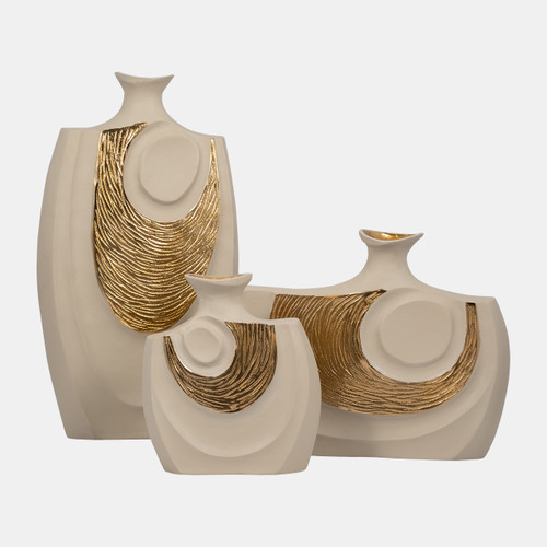 18270-01#Metal, 11" Embossed Swirl Vase, Gold/nude