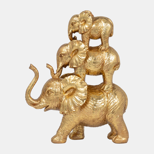18415-01#Resin, 10" Stacked Raised Trunk Elephants, Gold
