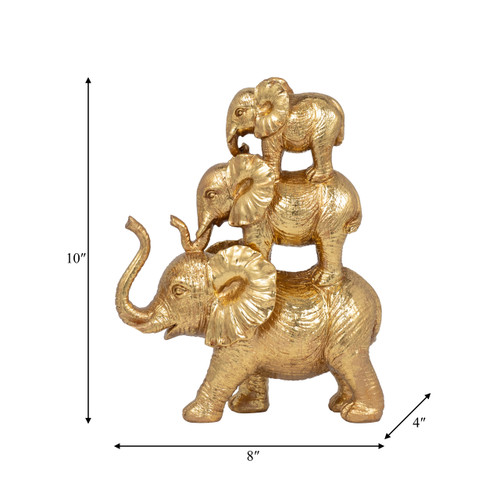 18415-01#Resin, 10" Stacked Raised Trunk Elephants, Gold