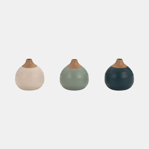 12681-05#S/3 Matte Bud Vases, Deep Teal/drk Sage/cream