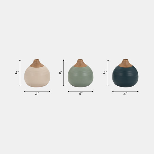12681-05#S/3 Matte Bud Vases, Deep Teal/drk Sage/cream