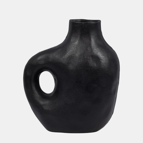 18457-03#Metal, 11" Hammerd Cut-out Vase, Black