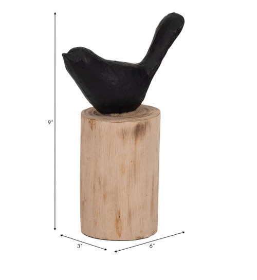 18461-01#Resin, 9" Bird Perched On Log, Black/brown