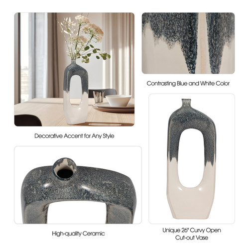 18474-03#Cer, 26" Curvy Open Cut-out Vase, Blue/white