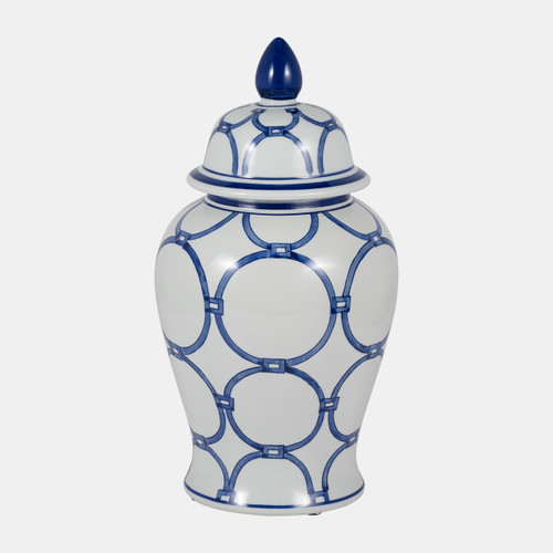 18476-01#Cer, 18" Links Temple Jar, Blue/white