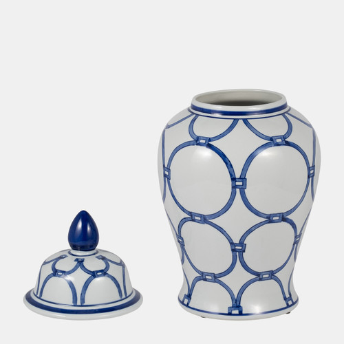 18476-01#Cer, 18" Links Temple Jar, Blue/white