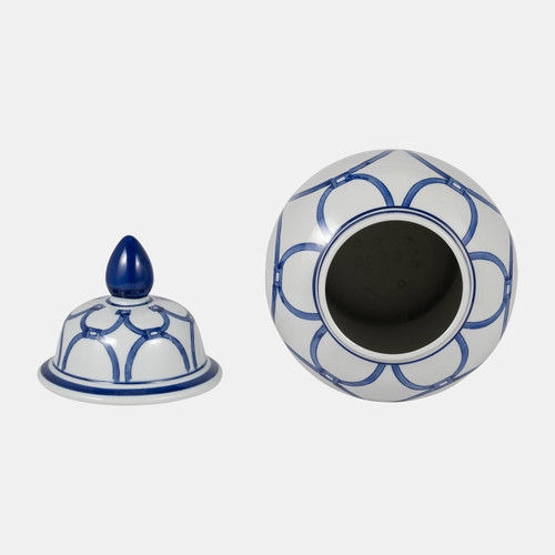 18476-01#Cer, 18" Links Temple Jar, Blue/white