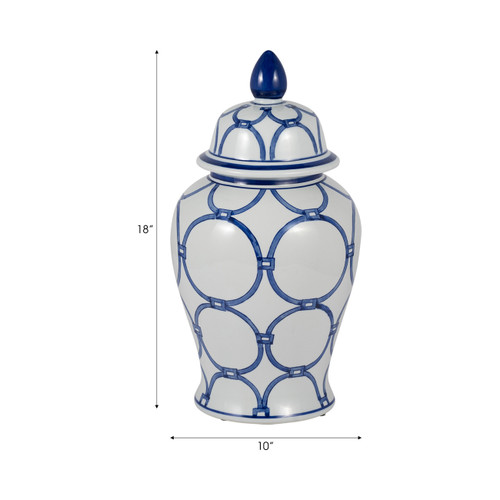 18476-01#Cer, 18" Links Temple Jar, Blue/white