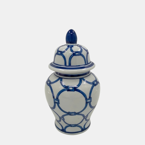 18476-03#Cer, 10" Links Temple Jar, Blue/white