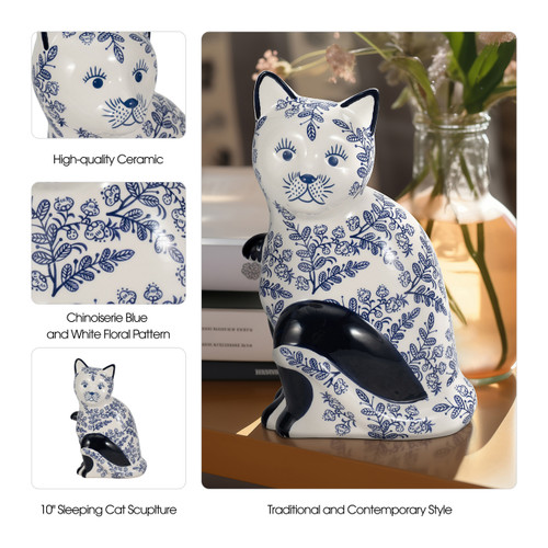 18480-03#Cer, 10" Sitting Chinoiserie Cat, Blue/white