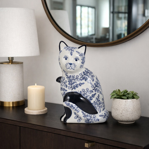 18480-03#Cer, 10" Sitting Chinoiserie Cat, Blue/white