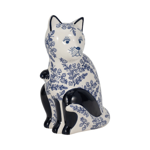 18480-03#Cer, 10" Sitting Chinoiserie Cat, Blue/white