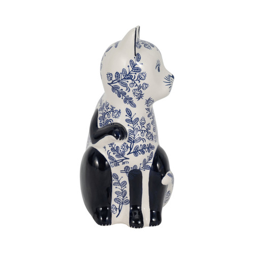18480-03#Cer, 10" Sitting Chinoiserie Cat, Blue/white