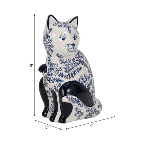 18480-03#Cer, 10" Sitting Chinoiserie Cat, Blue/white