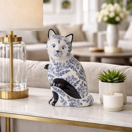 18480-03#Cer, 10" Sitting Chinoiserie Cat, Blue/white