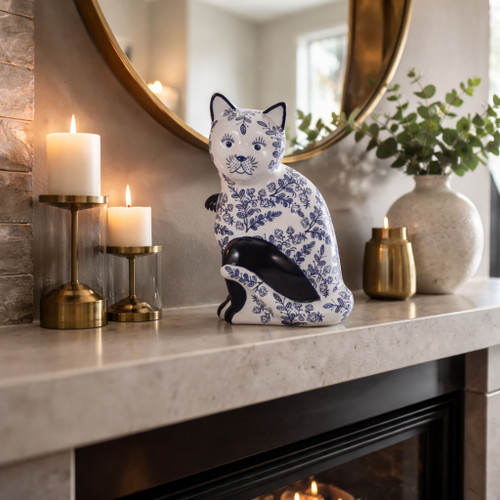 18480-03#Cer, 10" Sitting Chinoiserie Cat, Blue/white