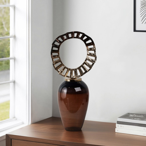 18493-01#Glass, 31" Vase With Crown Top, Brown 