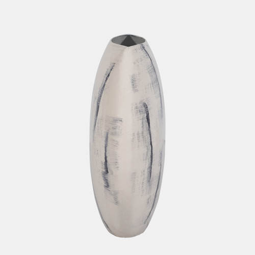 18498-01#Metal, 20" Enameled Round Vase, Distressed White