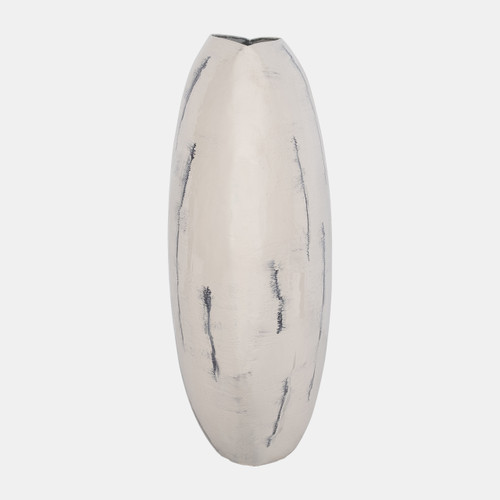 18498-02#Metal, 33" Enameled Round Vase, Distressed White