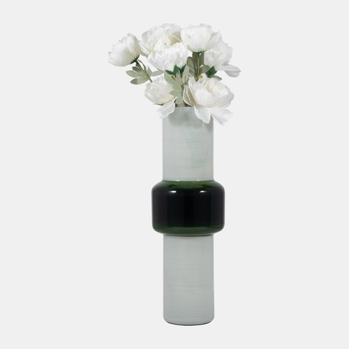 18502-02#Glass, 19" Modern Cylinder Vase, White/green