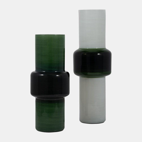 18502-02#Glass, 19" Modern Cylinder Vase, White/green