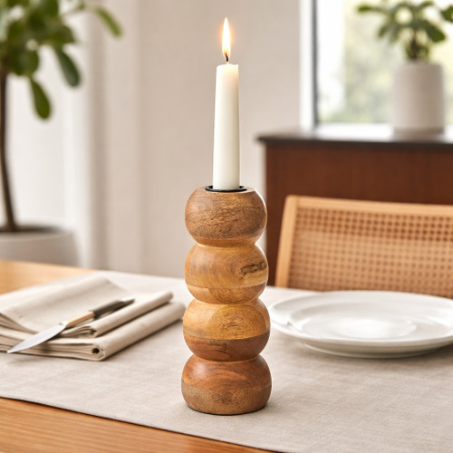 18516-01#Wood, 7" Ribbed Votive Holder, Natural