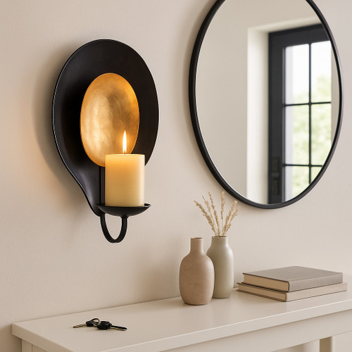 18507-02#Metal, 12" Round Votive Holder, Black/gold