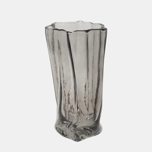 18563-01#Glass, 9" Paper Bag Vase, Smoke