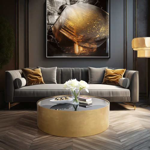 18547-01#Wood, 47" Gold, Black Glass Coffee Table
