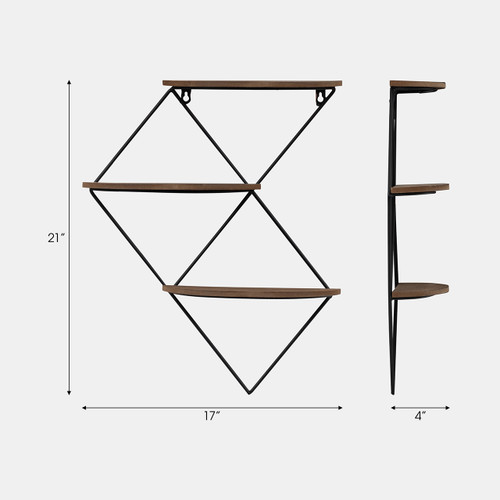 18580#Metal/wood, 21" 3-tier Diamond Wall Shelf, Brown/b