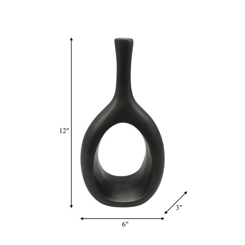 18588-02#Cer, 12" Curved Open Cut Out Vase, Black