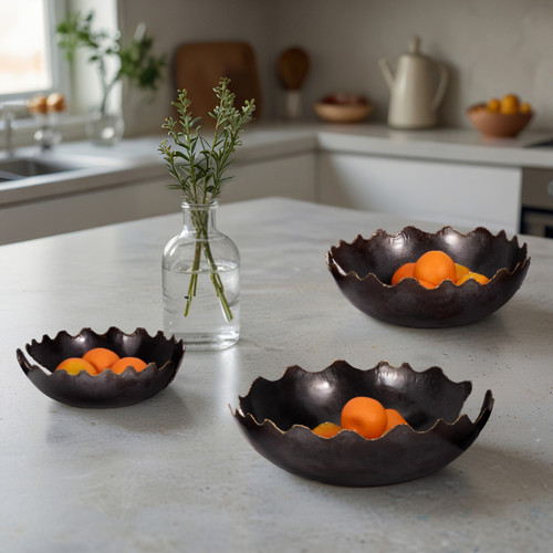 Black Chipped Metal Bowls Set of 3 | Decorative Tableware for Home
